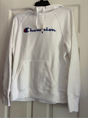 Champion White Hoodie with Blue Script and Red Accent